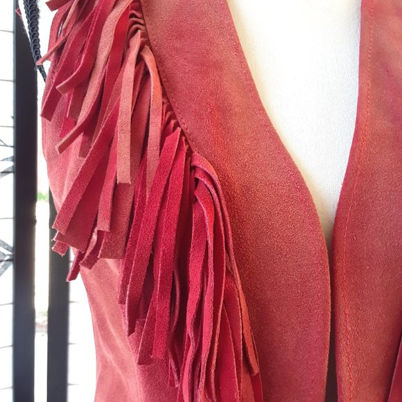 RARE Vintage 1970s Red Sun Faded Suede Fringe Vest Jacket - Picture 10 of 16